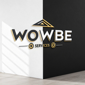 Wowbe logo design, sleek and modern. White and black backgrounds complement bold brand statement and services.
