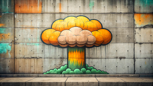 Minimalist Wall, perfect lines, Atomic mushroom cloud graffiti in the style of street art aesthetic, cute cartoonish designs