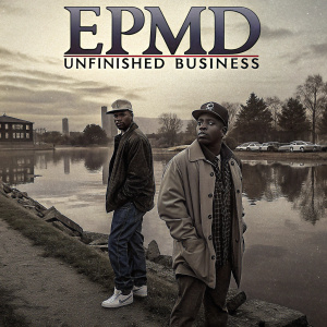 Album cover for EPMD's 'Unfinished Business'. Two men, circa 1990s, standing by a body of water with a carpark in the background.