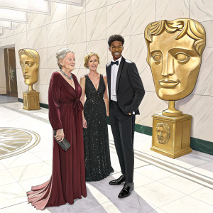Formal attire. Vanessa Redgrave, Sally Rogers, Alfred Enoch at the BAFTA Awards, standing on a white marble floor, amidst gold statues.