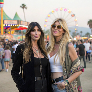 Brittny Gastineau and Lisa Gastineau attending a bustling outdoor festival. Both adorned in casual yet chic attire. Festive atmosphere with colorful decorations and lively crowds.