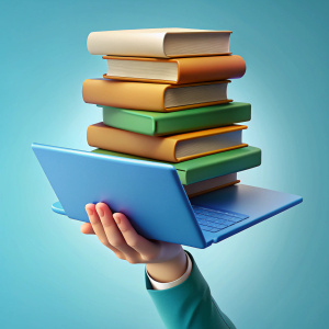 A person holding a stack of books, online learning resources, or a laptop with a course open, conveying a sense of learning and growth.