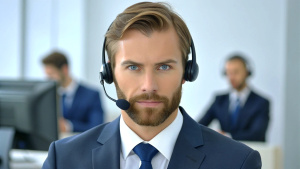 Handsome male call center operator in headset working in modern office. Hotline support service concept