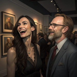 Famke Janssen and John Calley at a private art gallery opening. Famke laughs heartily while John, with a beard and glasses, observes the artwork. Soft, ambient lighting creates a cozy, dim atmosphere.