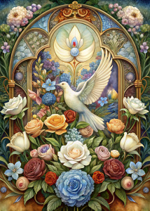 Easter composition with Easter dove, forget-me-nots and roses in Art Nouveau style, Poster design by Alphonse Mucha, 1900.