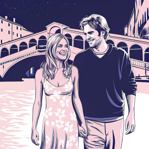 Sienna Miller and Robert Pattinson, both smiling, at the Venice Film Festival. They are dressed casually. Sienna in a floral print dress, Robert in a navy sweater. Background is the vibrant Venetian canals and historic bridges.