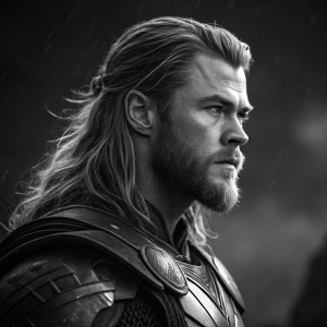 Close-up shot of Chris Hemsworth as Thor. Stark, unsmiling face. His long hair and beard are visible. Wearing detailed armor. Dark, moody background