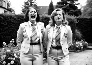 2 very slightly plump adult women stand in a garden party, sobbing and with very sore posteriors having just been soundly spanked and told off . they are dressed in pocketless extremely tight beige flared trousers, stretched tightly across her big very voluptuos posteriors and wide hips. , a white shirt, tie  and a burgundy blazer with crest. . Full length Photo.