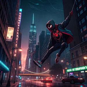 Digital art featuring a character resembling Spider-Man Miles Morales. Cityscape backdrop at night.