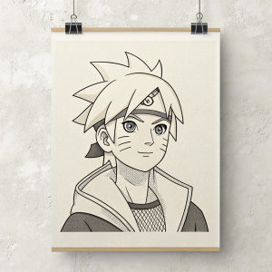 Line art portrait of Boruto. Simplistic drawing with black and grey shading. Off-white background