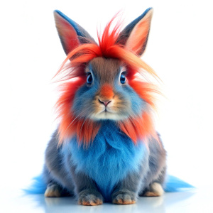 a red and blue Rabbit, with long hair.