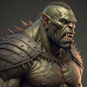A muscular orc from The Lord of the Rings series. The orc has a broad, scaly chest and pronounced muscles. Its head is large with a fierce, snarling expression. Created in a ZBrush-inspired art style.