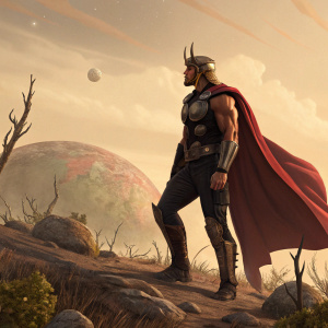 Beta Ray Bill, a muscular character with a horned hairstyle, dressed in a dark torso garment and red cape, standing on an alien planet.