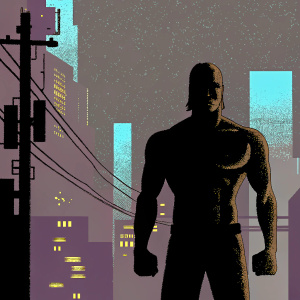 Geralt of Rivia, shirtless, muscular physique, standing in a futuristic cyberpunk cityscape at night. Neon lights casting colorful shadows. Digital artwork