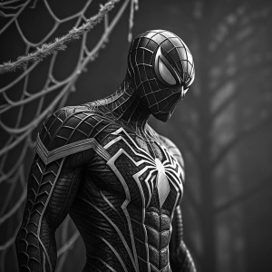 High-resolution digital art of a Spiderman Venom statue. Black and white. Detailed web patterns. Dark background.