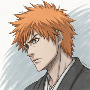 Sketch of Ichigo Kurosaki from Bleach, close-up focus on face. Determined expression, spiky orange hair. Gray tones, simple background, sketch-like style.