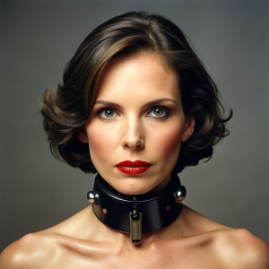 40 yo brunette wearing snug slave shock collar around throat. Dark red lipstick.