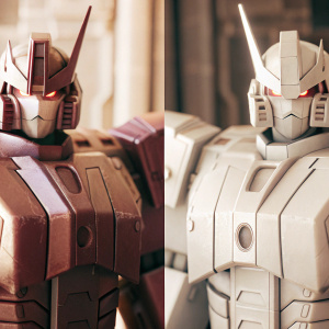 A detailed split-screen comparison of the anime-inspired robot, FT16 Sovereign Galvatron, showcasing its intricate armor design in close-up. The futuristic aesthetic is highlighted on a dark contrasting backdrop.