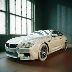Wireframe image of the BMW M6 Coupe from 2012. Minimalist black and white design. Dark grey background highlighting the sleek and sporty features.