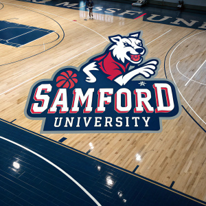 A dynamic logo featuring the Samford University bulldog mascot. Set against a sleek, modern basketball court graphic. Bold, contrasting design with Samford University text in natural wood tones.
