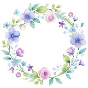 Garland of various flowers around "Thank you", white background