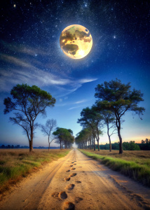 footprints in A dirt road at night one side trees  and the full moon