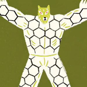 Digital illustration of a futuristic werewolf. Standing in a heroic pose with arms stretched wide. Body adorned with a hexagonal grid pattern. Muscular build, wolf-like head with intense gaze. Dark background highlights the intricate design.