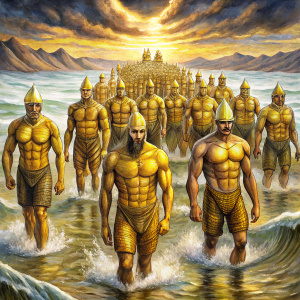 33 strong Slavic men with golden armor come out of the sea
