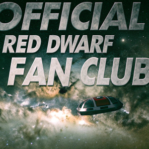 Promotional graphic for the Official Red Dwarf Fan Club. Futuristic logo with the show's iconic starship, the Starbug, flying through a swirling cosmic nebula. Dark starry space-themed backdrop. Encourages viewers to join the club.