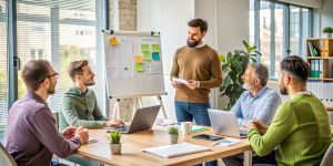 4 pria (UI/UX Designer) dari kejauhan sedang melakukan workshop dan training desain di dalam ruangan kantor di pagi hari. 1 orang berdiri memakai kemeja hijau, 1 orang pria duduk memakai baju coklat, 1 orang pria duduk menggunakan baju kemeja biru muda, 1 orang lagi menggunakan sweeter abu-abu.
