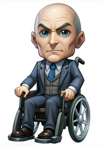 profesor x Charles Xavier en silla de ruedas de los x men superhéroe, estilo chibi pixar, white background