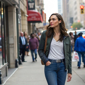 Gal Gadot on the set of a movie, wearing casual clothes. The bustling city street with lots of people in the background.
