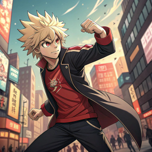 Katsuki Bakugou, from My Hero Academia, posing in a dynamic fighting stance. He sports spiky blonde hair and intense red eyes. Wearing a stylish black jacket over a red t-shirt. Illustration is set against a vibrant cityscape background