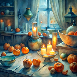 Draw me a kitchen interior with many hollowed-out oranges lit with candles. The kitchen is filled with many old objects."






