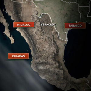 A detailed map of Mexico. Hidalgo, Veracruz, Tabasco, and Chiapas highlighted in vibrant colors with bold labels.