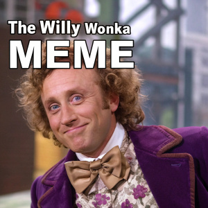 Caucasian male, Willy Wonka-inspired character, curly hair, friendly yet cheeky expression. Purple floral jacket, brown bow-tie. Blurred cityscape background. Overlaid text reads 'The Willy Wonka Meme'