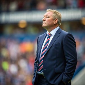 Ally McCoist, in a serious pose, standing in front of a blurred stadium crowd. Dressed in a navy suit with a striped tie, focused expression.