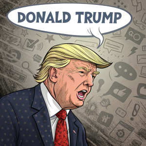 Cartoon illustration of Donald Trump with a speech bubble. Background filled with text and logos. Dark humor