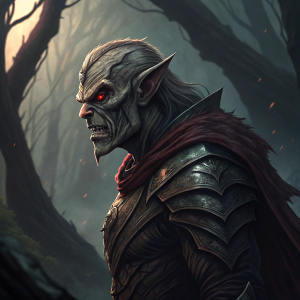 Hordak, with a gnarled, aged appearance, stands in a dark, foreboding environment. He has a peaked elven-like ear, a determined expression, red eyes, and a snarling mouth.