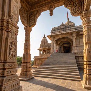 Ornate stone pillars at the entrance of Parasnath Jain Temple in Telegaon, India. Intricate carvings and detailed designs showcasing rich history and cultural heritage. Spacious entrance area with stairs leading into the temple.