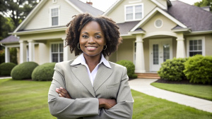 Confident african American women real estate agent stands proudly outside a modern home, radiating expertise and approachability, ready to assist potential house buyers