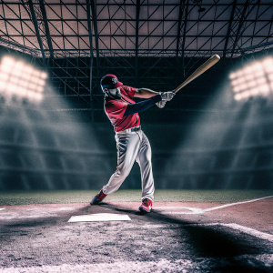 Jose Bautista, in vibrant team uniform, swinging a bat dramatically. Stadium lights cast sharp shadows in the background.