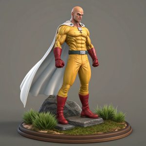 3D model of a muscular man, inspired by Saitama from 'One Punch Man'. Intense gaze. Strong, athletic build. Posing on a small platform with grass elements. Against a simple, neutral background.