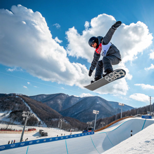 Haerim Jeong, professional snowboarder, in mid-air at Phoenix Snow Park. Crystal clear blue sky with fluffy white clouds.