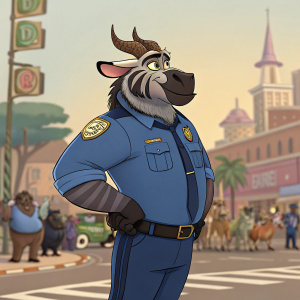 Chief Bogo, the determined zebra officer from Zootopia. Wearing a police badge and blue suit. Animated setting.