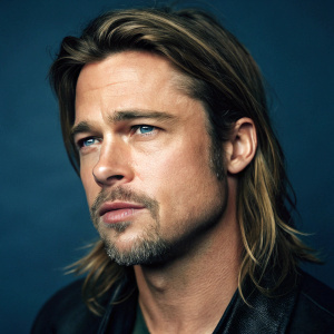 Brad Pitt in a digital portrait. Dark blue backdrop. Piercing eyes and detailed facial features. Long wavy hair.