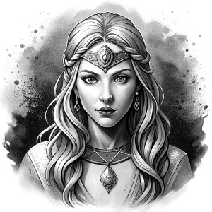 Saga, The Seer - Nordic Goddess of Sagas & Myths perfect realistic art, high-definition grey and black, white background tattoo design