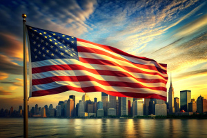 "Generate a dynamic and patriotic image of the USA flag rippling in the wind against a backdrop of a modern city skyline, symbolizing the enduring spirit of the nation."

