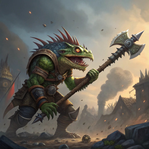 Digital artwork of a fierce Grimscale Chum from Hearthstone. The murloc wields a massive ornate weapon, standing on a battlefield with a dramatic backdrop.