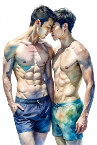 Two cute slender muscled shirtless 32-years-old Asian men with very short dark hair, at full height, wearing short and tight swimjammers, holding each other's hands and kissing each other